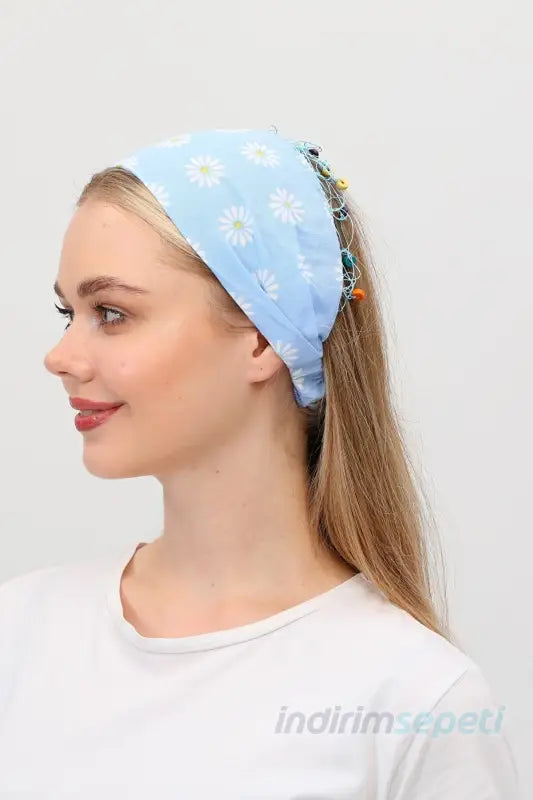 Bandana Papatya Desenli Boncuklu El Yapımı Saç Bandı Lastikli Saç Aksesuar Mavi - Indirimsepeti