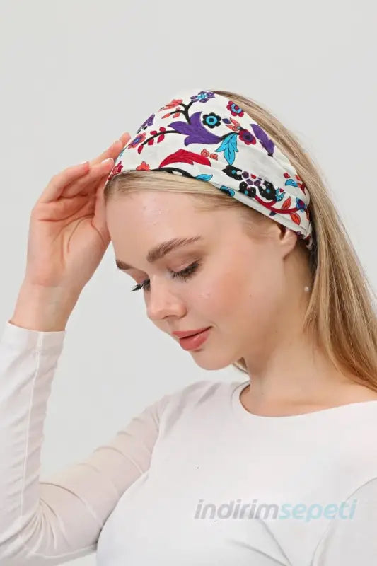 Boncuklu % 100 Pamuklu Kumaş Lastikli Bandana Saç Aksesuar Beyaz - Indirimsepeti
