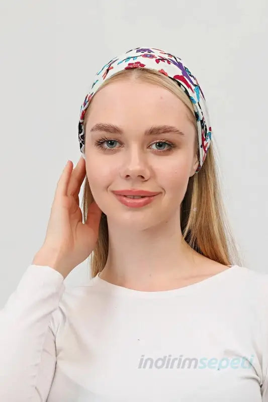 Boncuklu % 100 Pamuklu Kumaş Lastikli Bandana Saç Aksesuar Beyaz - Indirimsepeti
