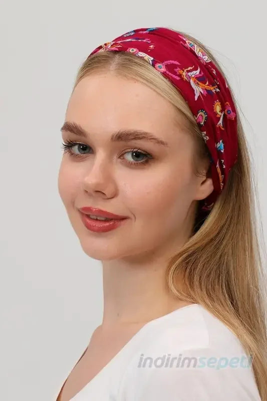 Boncuklu % 100 Pamuklu Kumaş Paraşüt Lastikli Bandana Saç Aksesuar Bordo - Indirimsepeti