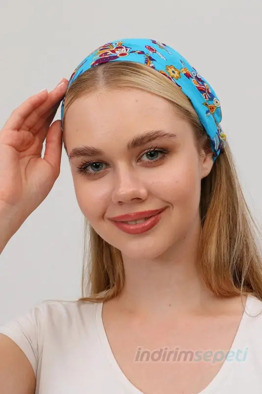 Boncuklu Pamuklu Kumaş Paraşüt Lastikli Bandana Saç Aksesuar Mavi - Indirimsepeti