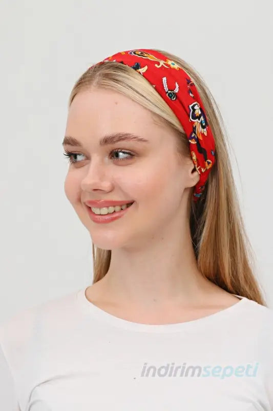 Boncuklu % 100 Pamuklu Kumaş Paraşüt Lastikli Bandana Saç Aksesuar Kırmızı - Indirimsepeti