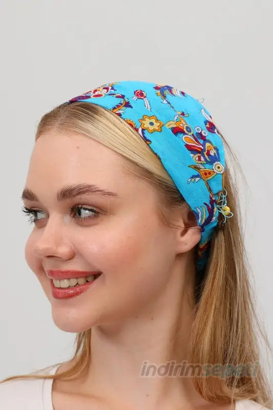 Boncuklu Pamuklu Kumaş Paraşüt Lastikli Bandana Saç Aksesuar Mavi - Indirimsepeti