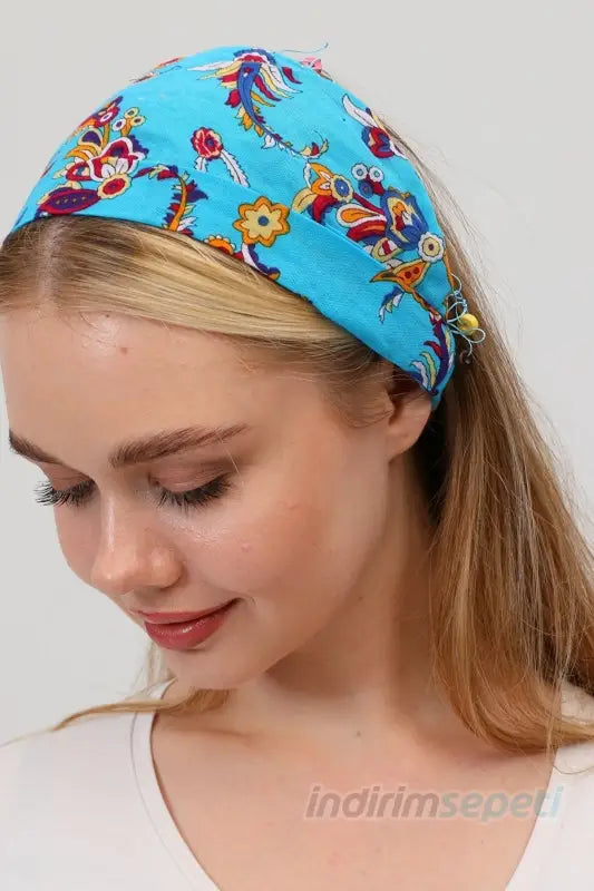 Boncuklu Pamuklu Kumaş Paraşüt Lastikli Bandana Saç Aksesuar Mavi - Indirimsepeti