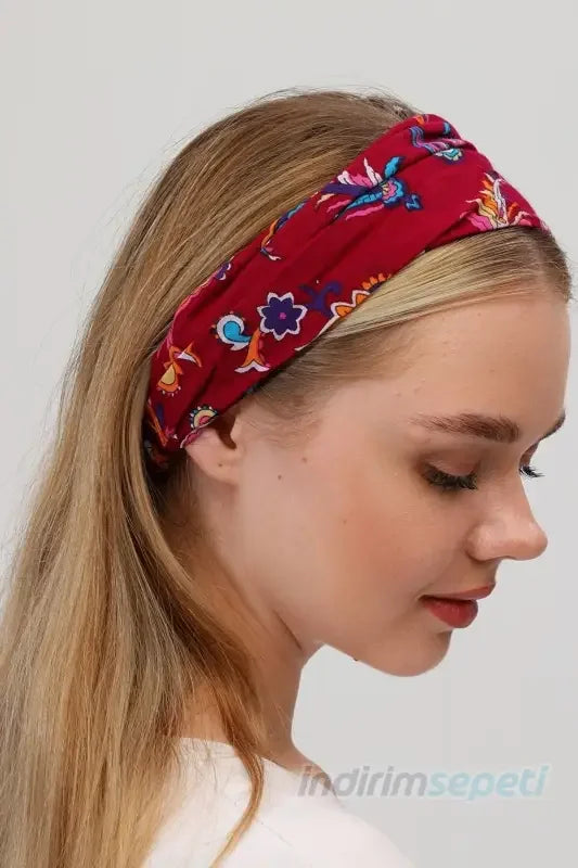 Boncuklu % 100 Pamuklu Kumaş Paraşüt Lastikli Bandana Saç Aksesuar Bordo - Indirimsepeti
