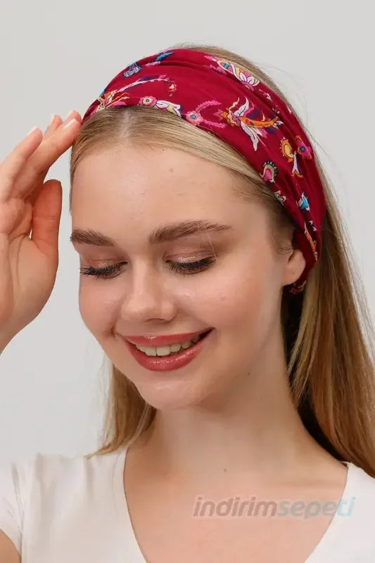 Boncuklu % 100 Pamuklu Kumaş Paraşüt Lastikli Bandana Saç Aksesuar Bordo - Indirimsepeti