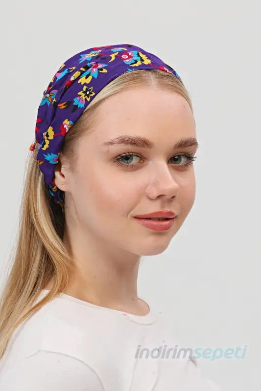 Boncuklu % 100 Pamuklu Kumaş Paraşüt Lastikli Bandana Saç Aksesuar Mor - Indirimsepeti