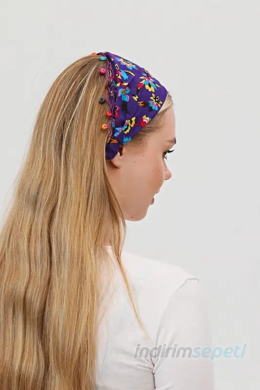 Boncuklu % 100 Pamuklu Kumaş Paraşüt Lastikli Bandana Saç Aksesuar Mor - Indirimsepeti