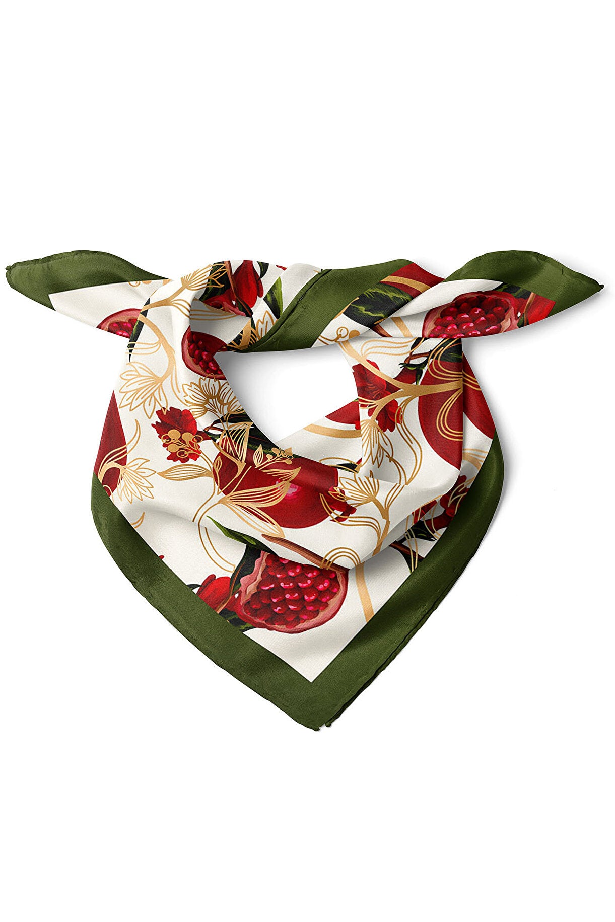 Nar ve çiçek desenli 50x50 cm saten bandana. Parlak kumaş, şık ve çok amaçlı kullanım - indirimsepeti
