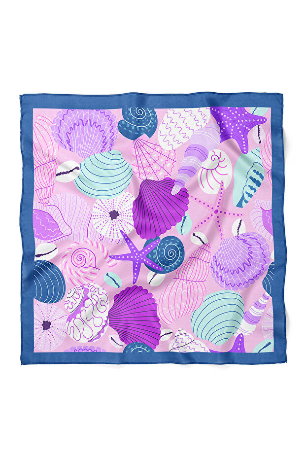 Deniz Kabuğu Desenli Saten Bandana 50x50 cm | Yazlık Çanta Aksesuarı & Boyun Fuları Şık Tasarım
