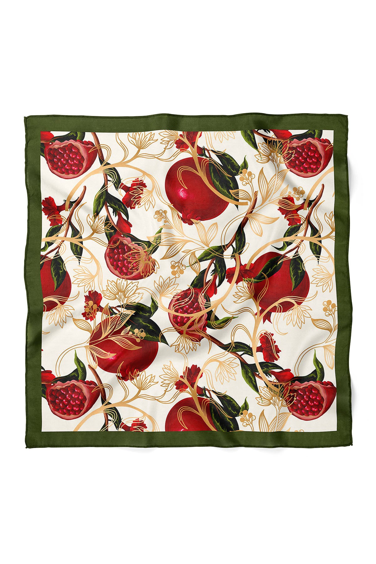 Nar ve çiçek desenli 50x50 cm saten bandana. Parlak kumaş, şık ve çok amaçlı kullanım