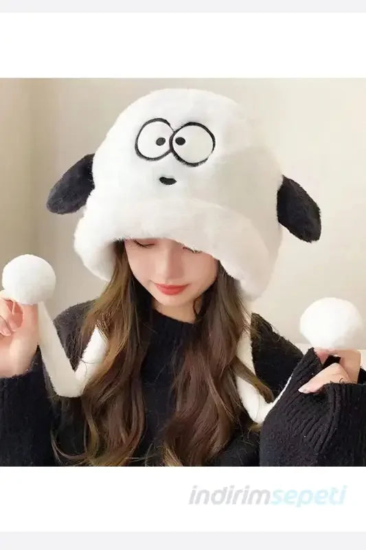 Kürklü Kulaklıklı Pelüş Şapka Bere Balıkçı Şapkası Sevimli Göz - Indirimsepeti