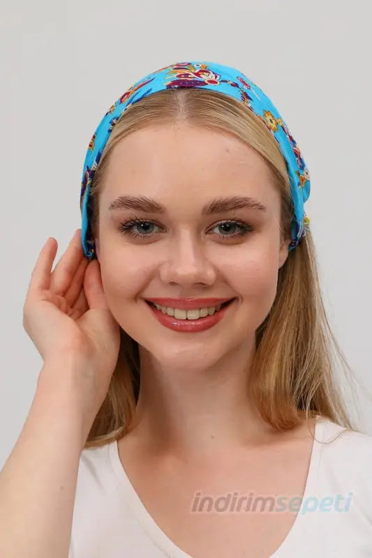 Boncuklu Pamuklu Kumaş Paraşüt Lastikli Bandana Saç Aksesuar Mavi - Indirimsepeti