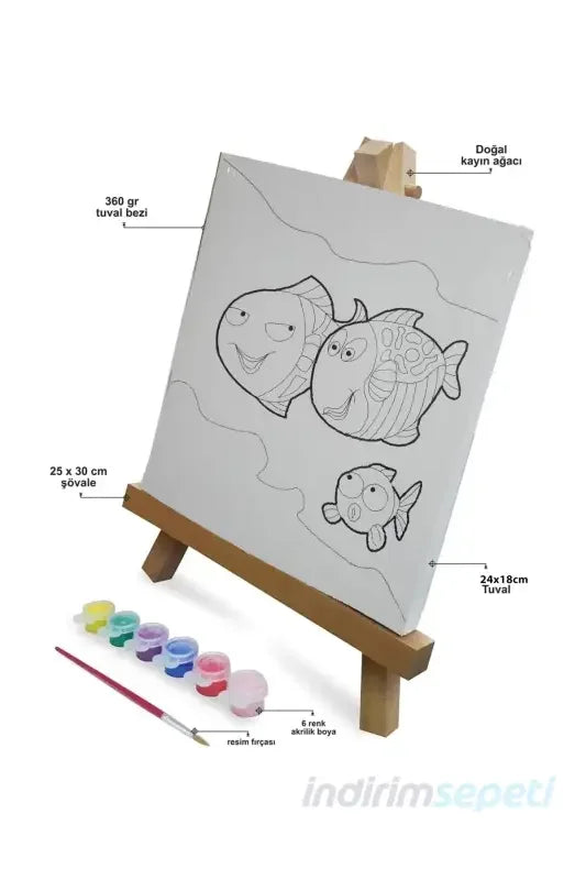 Minik Sanatçı Seti Şövale Baskılı Tuval 6 Akrilik Boya Fırça 4 lü Set - Indirimsepeti