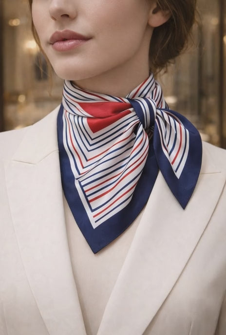 Lacivert Kırmızı Çizgili Modern Geometrik Saten Fular & Bandana 50x50 cm Marin Stil Geometrik Çizgili