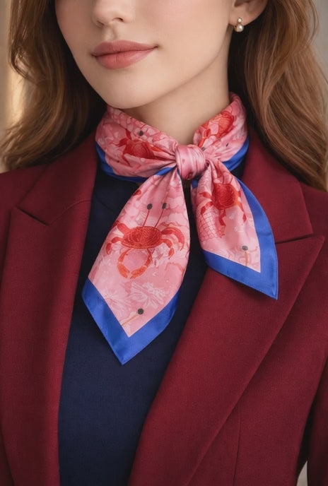 Yengeç Desenli Fular Bandana Marine Esintili Pembe Saten Boyun Atkısı ve Çanta Aksesuarı 50x50 cm