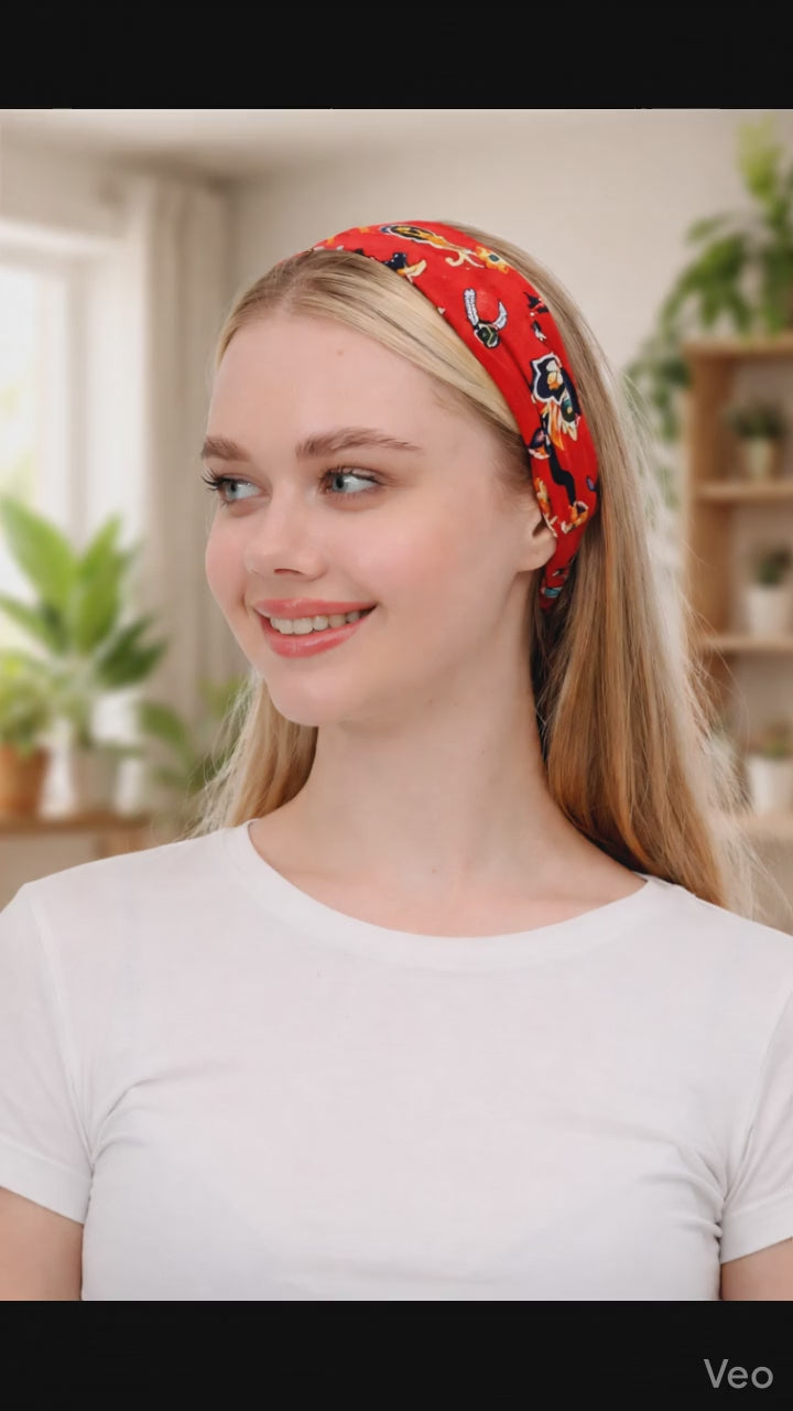 Boncuklu % 100 Pamuklu Kumaş Paraşüt Lastikli Bandana Saç Aksesuar Kırmızı