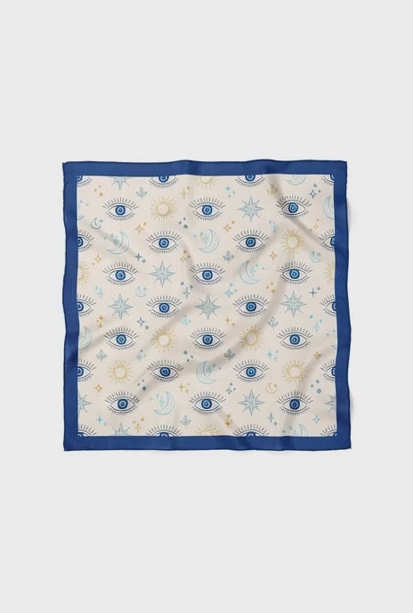 Nazar Gözlü Saten Bandana 50x50 cm – Güneş, Ay ve Yıldız Desenli Şık Tasarım