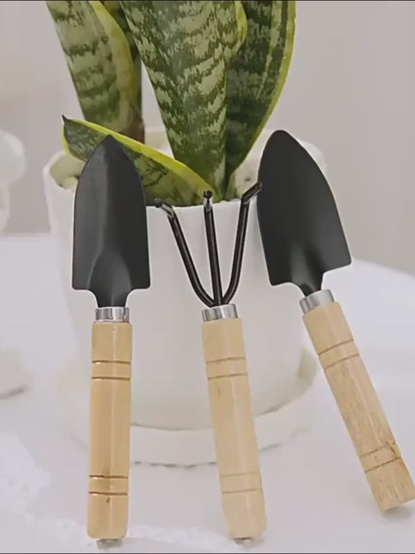 Ahşap Saplı Metal Uçlu 3 Parça Mini Tırmık ve Kürek Çiçek Bitki Fidan Dikim Çapalama Hobi Bakım Seti
