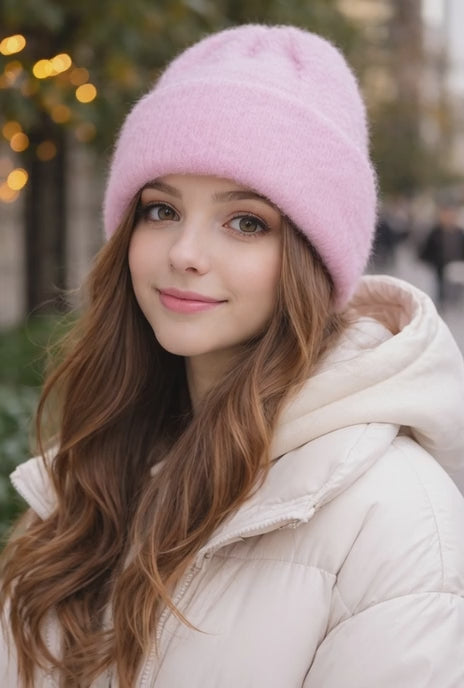 Açık Pembe Peluş Bere Şapka – Yumuşak Dokulu, Sıcak Tutan Genç & Yetişkin Kış Bere