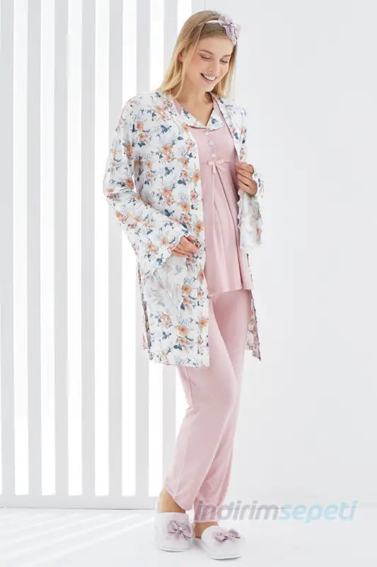Çiçek Desenli Pembe 3lü Kısa Kol Sabahlıklı Erdeniz 3400 Hamile Pijama Takımı