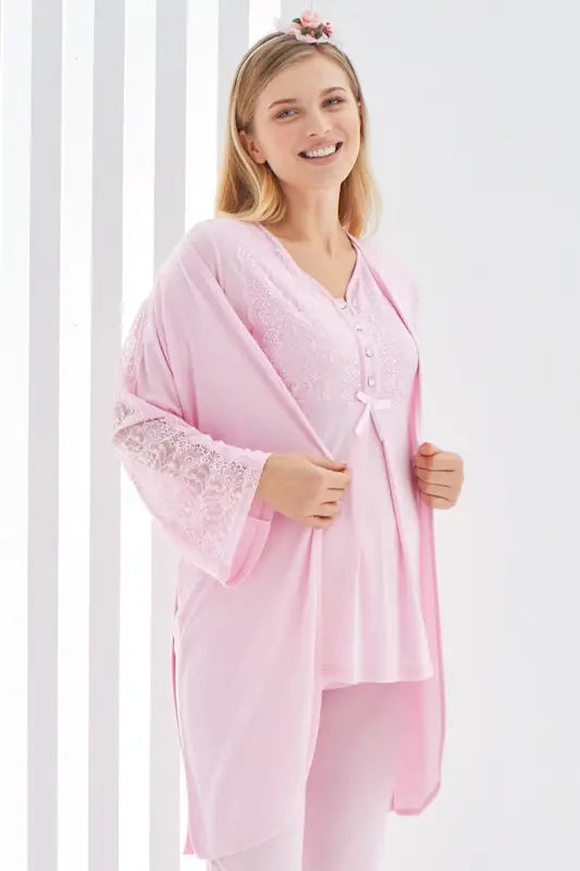 Pembe Renk Dantel Detaylı 3lü Kısa Kol ve Sabahlıklı Erdeniz 3401 Hamile Pijama Takımı