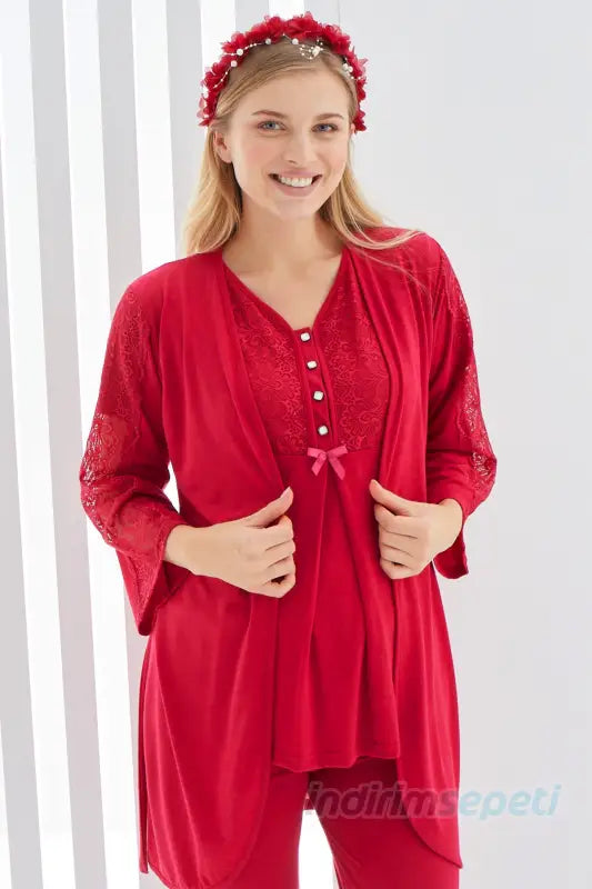 Kırmızı Renk Dantel Detaylı 3lü Kısa Kol ve Sabahlıklı Erdeniz 3401 Hamile Pijama Takımı Kırmızı