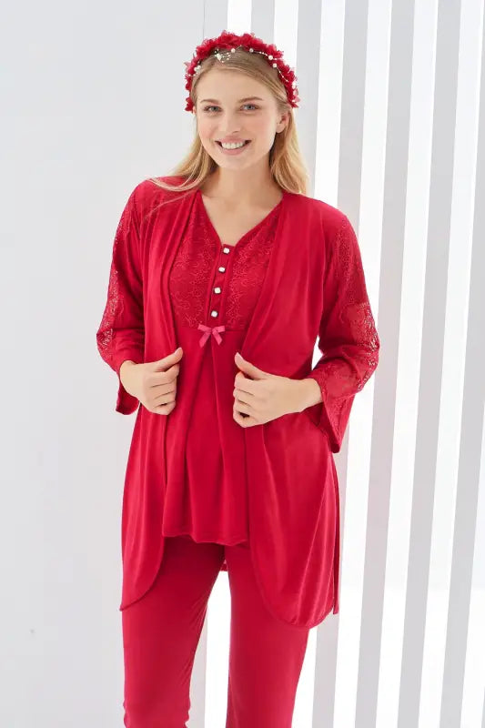 Kırmızı Renk Dantel Detaylı 3lü Kısa Kol ve Sabahlıklı Erdeniz 3401 Hamile Pijama Takımı