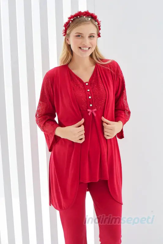 Kırmızı Renk Dantel Detaylı 3lü Kısa Kol ve Sabahlıklı Erdeniz 3401 Hamile Pijama Takımı
