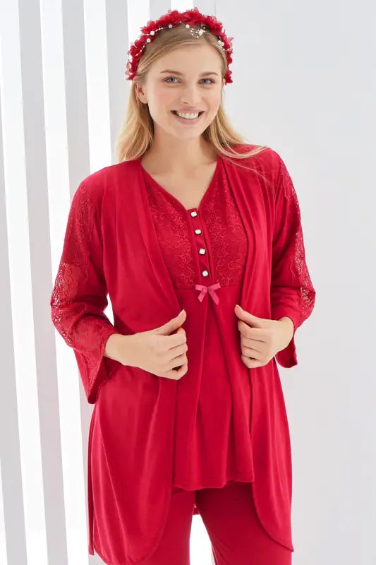Kırmızı Renk Dantel Detaylı 3lü Kısa Kol ve Sabahlıklı Erdeniz 3401 Hamile Pijama Takımı