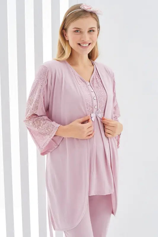 Pudra Renk Dantel Detaylı 3lü Kısa Kol ve Sabahlıklı Erdeniz 3401 Hamile Pijama Takımı