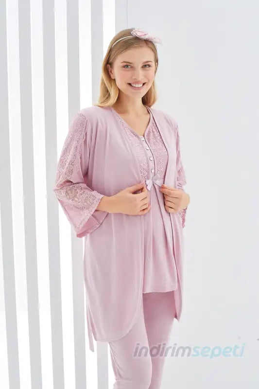 Pudra Renk Dantel Detaylı 3lü Kısa Kol ve Sabahlıklı Erdeniz 3401 Hamile Pijama Takımı