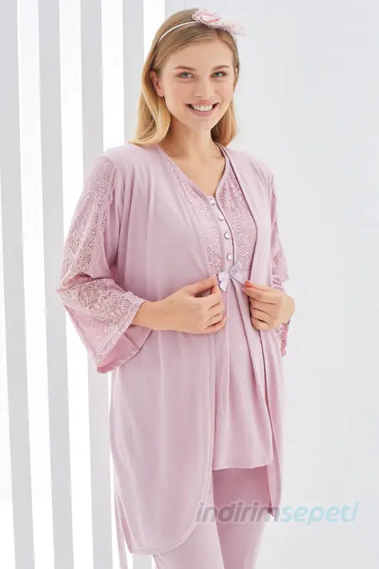Pudra Renk Dantel Detaylı 3lü Kısa Kol ve Sabahlıklı Erdeniz 3401 Hamile Pijama Takımı Pudra