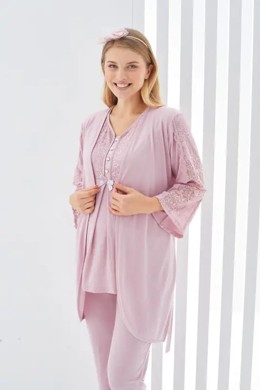 Pudra Renk Dantel Detaylı 3lü Kısa Kol ve Sabahlıklı Erdeniz 3401 Hamile Pijama Takımı