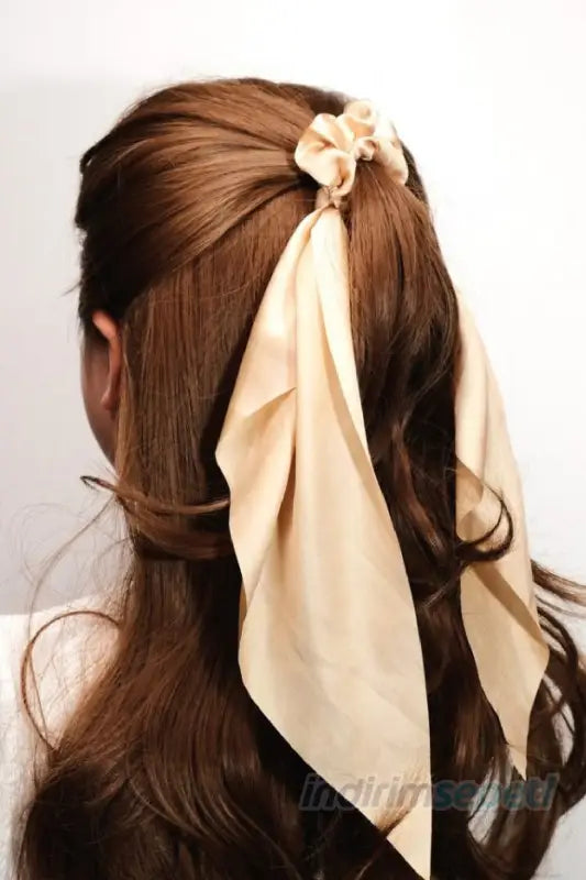 Toka Simit Lastikli Kuyruklu Saten Fular Lastik Toka Saç Aksesuar Krem - Indirimsepeti